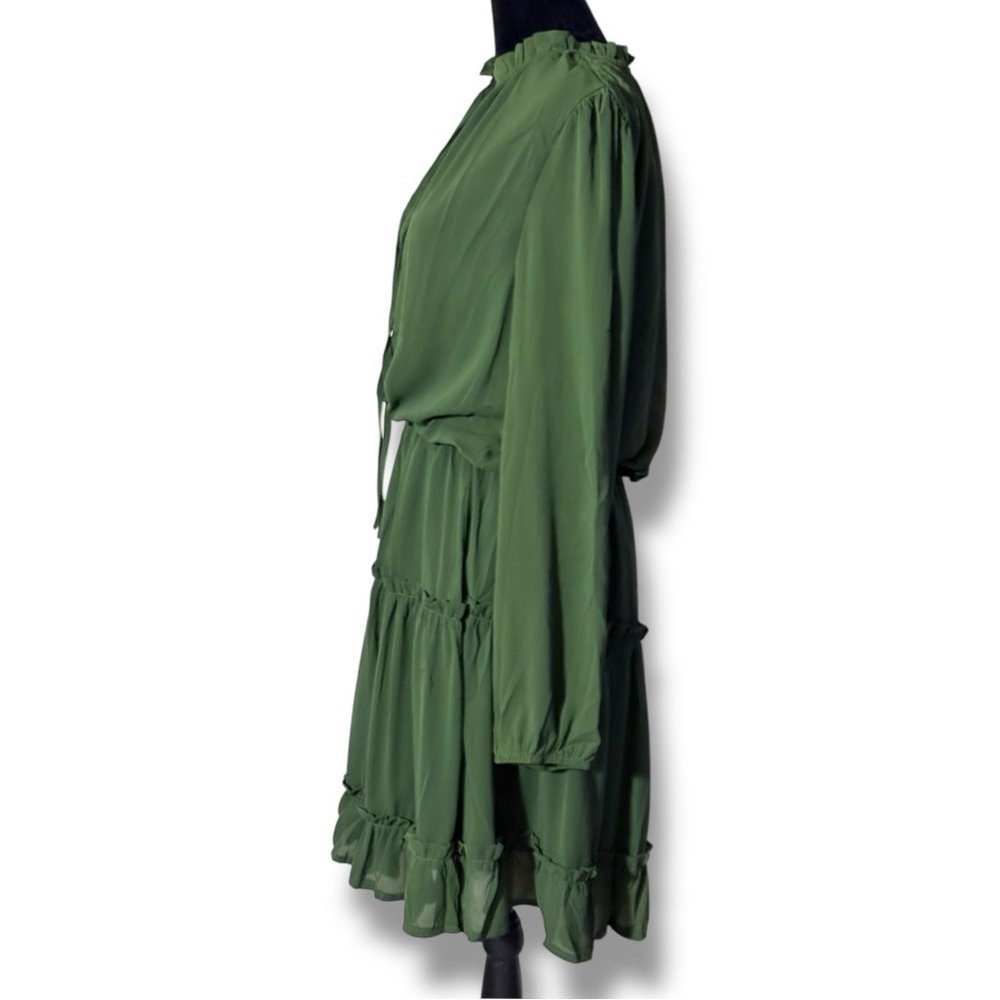 Amazon Army Green Ruffled Tiered V Neck Tie Loose Fit Long Sleeve Mini Sundress - Picture 6 of 16